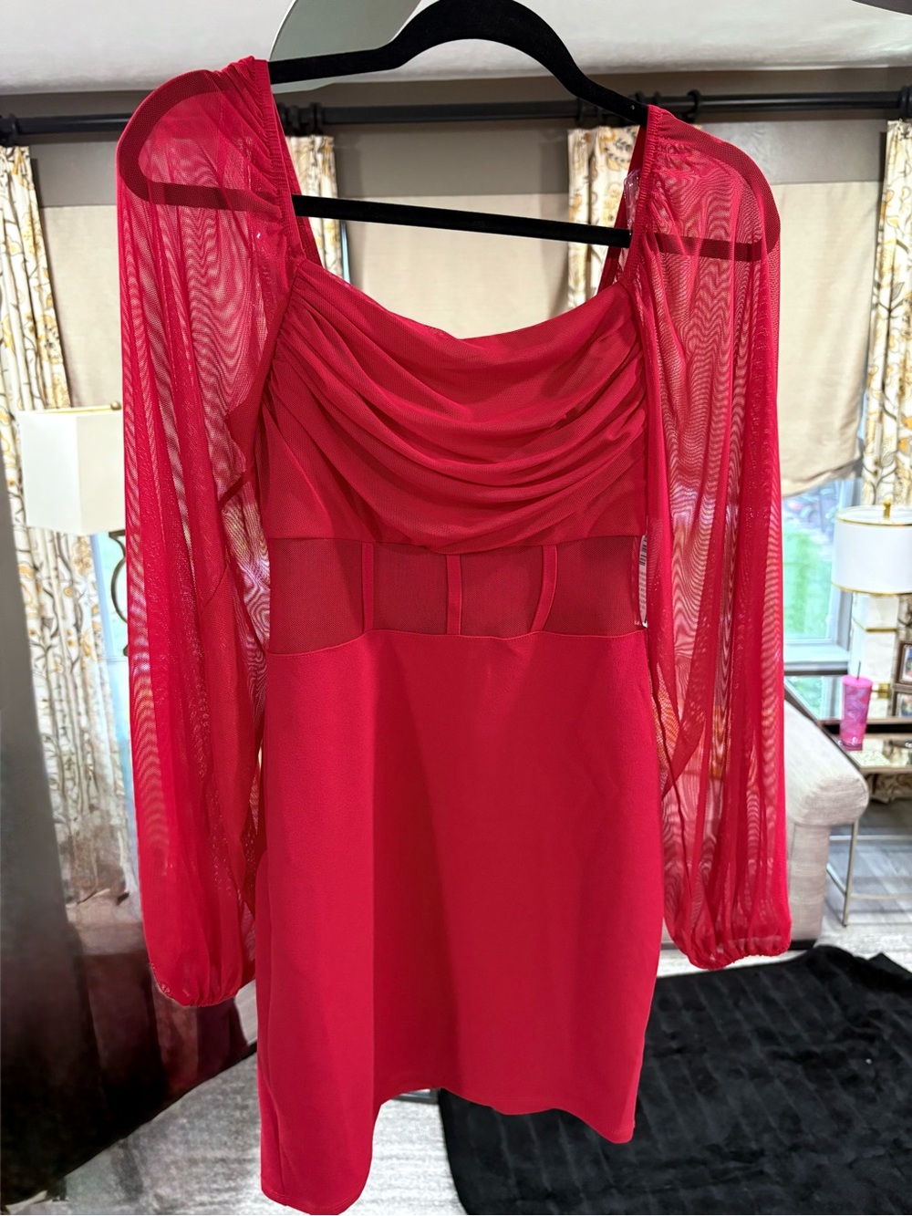 Red Midi Dress with Sheer Long Sleeves
